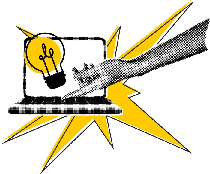 Collage: Hand greift aus Laptop nach Glühbirne – symbolisch für digitale Ideenfindung und technische Umsetzung